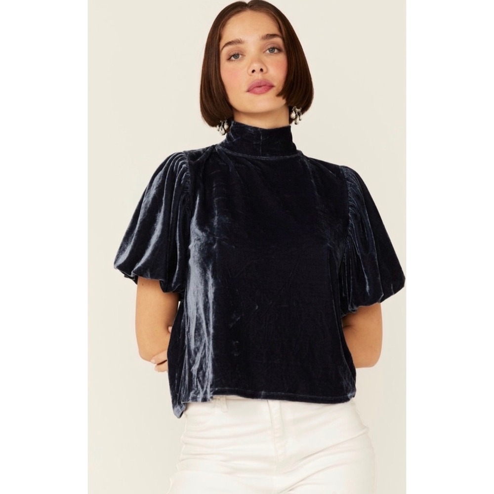 Free People Womens Velvet Mock Neck Puff Sleeve Top Navy Blue OB1224874 Large